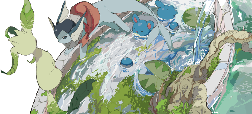 :3 apios bad_id bad_pixiv_id bag blue_sclera closed_eyes colored_sclera fountain from_above from_behind full_body gen_1_pokemon gen_2_pokemon gen_3_pokemon gen_4_pokemon happy highres leafeon lily_pad looking_at_another lotad marill moss nintendo no_humans open_mouth partially_submerged pokemon pokemon_(creature) shoulder_bag smile swimming vaporeon water white_eyes
