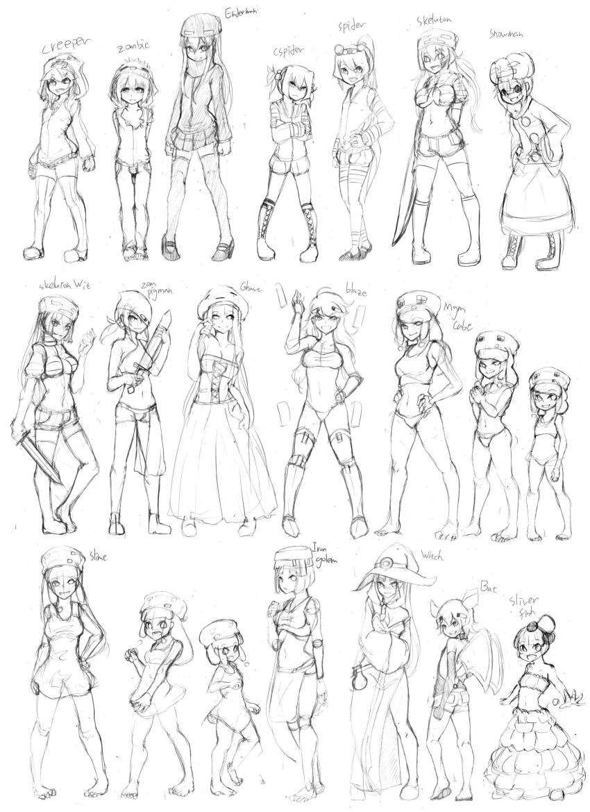 1boy 6+girls absurdres ander_(at2.) at2. bare_shoulders blush boots bow_(weapon) breasts cave_spider character_name cleavage collarbone creeparka creeper crossed_arms cupa_(at2.) dress enderman garter_straps gloves greyscale hair_bobbles hair_ornament hat high_heels highres holding holding_bow_(weapon) holding_sword holding_weapon hood hood_up hoodie iron_golem_(minecraft) jack-o&#039;-lantern knee_boots lace-up_boots large_breasts long_hair looking_at_viewer magma_cube medium_hair minecraft mob_talker monochrome monster_girl multiple_girls navel open_mouth pantyhose pleated_skirt ponytail short_hair short_shorts short_twintails shorts silverfish_(minecraft) skeleton_(minecraft) sketch skirt slime_(minecraft) slime_girl smile snow_golem_(minecraft) spider_(minecraft) sword thighhighs twintails very_long_hair weapon witch_(minecraft) witch_hat wither_skeleton_(minecraft) yaebi_(at2.) zombie_(minecraft) zombified_piglin