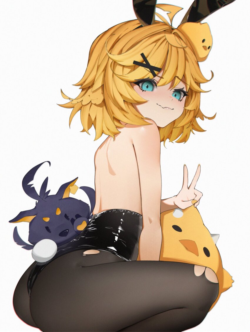 1girl alternate_costume animal_ears aqua_eyes ass backless_leotard bird black_leotard black_pantyhose blonde_hair closed_mouth doki_amber_doge_(dokibird) dokibird_(vtuber) dragoon_(dokibird) fake_animal_ears fake_tail fingernails from_side hair_between_eyes hair_ornament highres indie_virtual_youtuber leotard long_fingernails looking_at_viewer medium_hair nail_polish pantyhose playboy_bunny rabbit_ears rabbit_tail rieko_(kuusairieko) shiny_clothes simple_background solo tail torn_clothes torn_pantyhose v virtual_youtuber wavy_mouth white_background x_hair_ornament yellow_bird yellow_nails