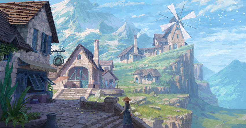 1girl absurdres bird blue_dress blue_sky building chimney dress european_architecture european_clothes grass hat highres mountain mountainous_horizon on_stairs open_window_shutter original outdoors plant potted_plant sky smoke songchunrui stairs stone_stairs straw_hat village windmill window_shutter