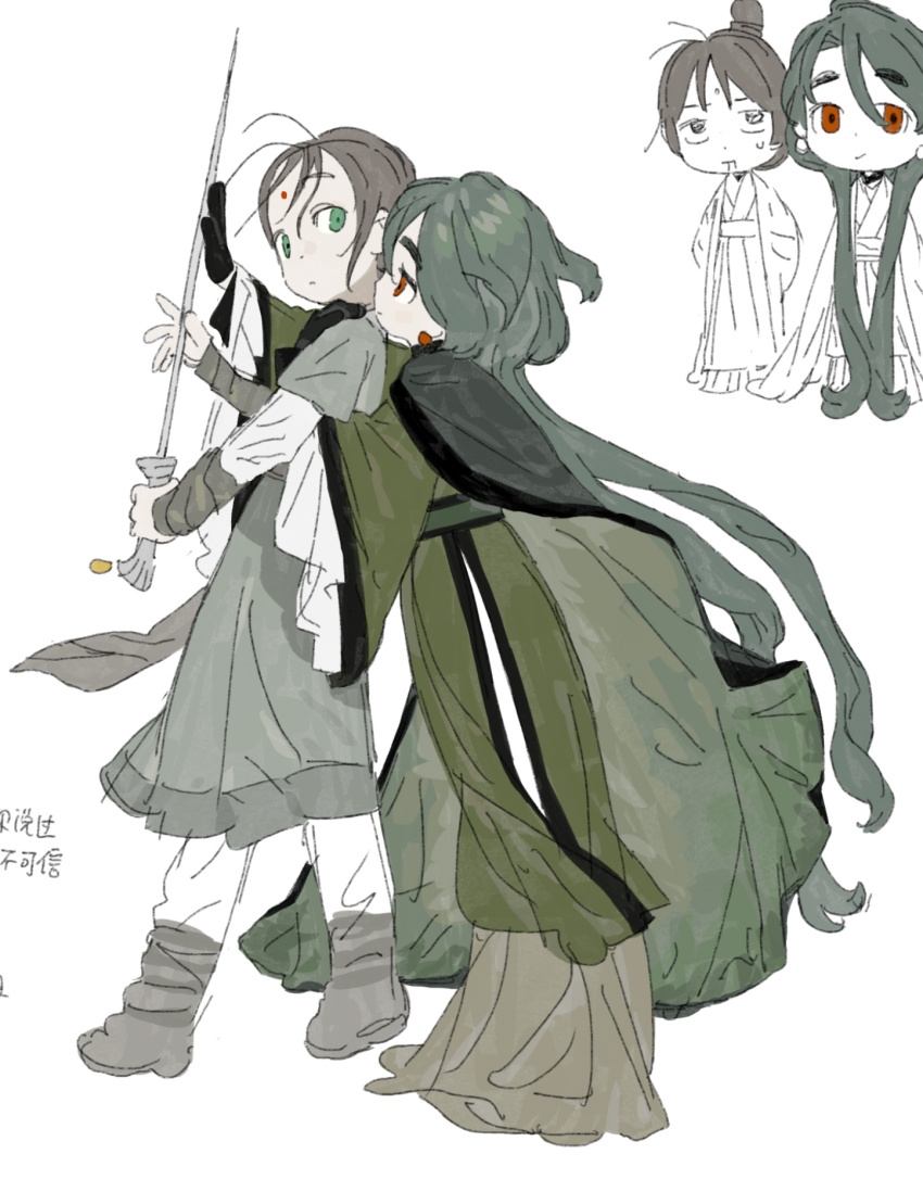 2girls brown_hair cape chinese_clothes earrings facial_mark forehead_mark full_body green_eyes green_hanfu hair_bun hanfu highres holding holding_sword holding_weapon huadian jewelry jian_(weapon) long_hair ma_fu multiple_girls multiple_views original red_eyes sword very_long_hair weapon white_background yuri zhijupao