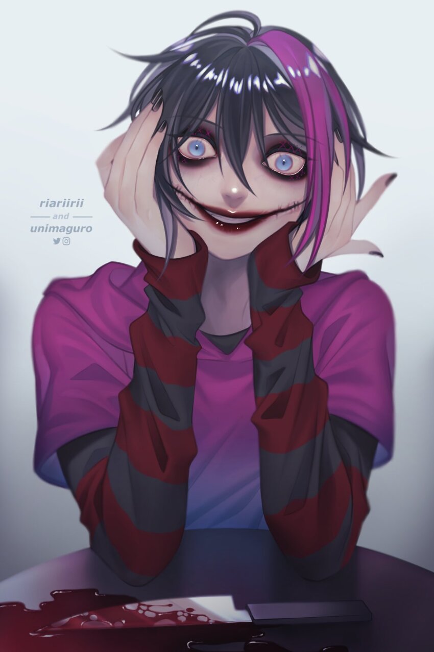 1boy ahoge artist_collaboration bags_under_eyes black_hair black_nails black_shirt blood bloody_knife blue_eyes commentary creepypasta elbows_on_table english_commentary genderswap genderswap_(ftm) grey_background grin hair_between_eyes hands_on_own_cheeks hands_on_own_face hands_up head_tilt highres hood hood_down hoodie instagram_logo knife layered_sleeves long_sleeves looking_at_viewer male_focus multicolored_hair nail_polish nina_the_killer pink_hair pink_hoodie red_lips red_shirt riariirii shirt short_hair short_over_long_sleeves short_sleeves simple_background sleeves_past_wrists smile solo stitched_mouth stitches straight-on streaked_hair striped_clothes striped_shirt table twitter_logo two-tone_hair two-tone_shirt unimagurooo upper_body wide-eyed