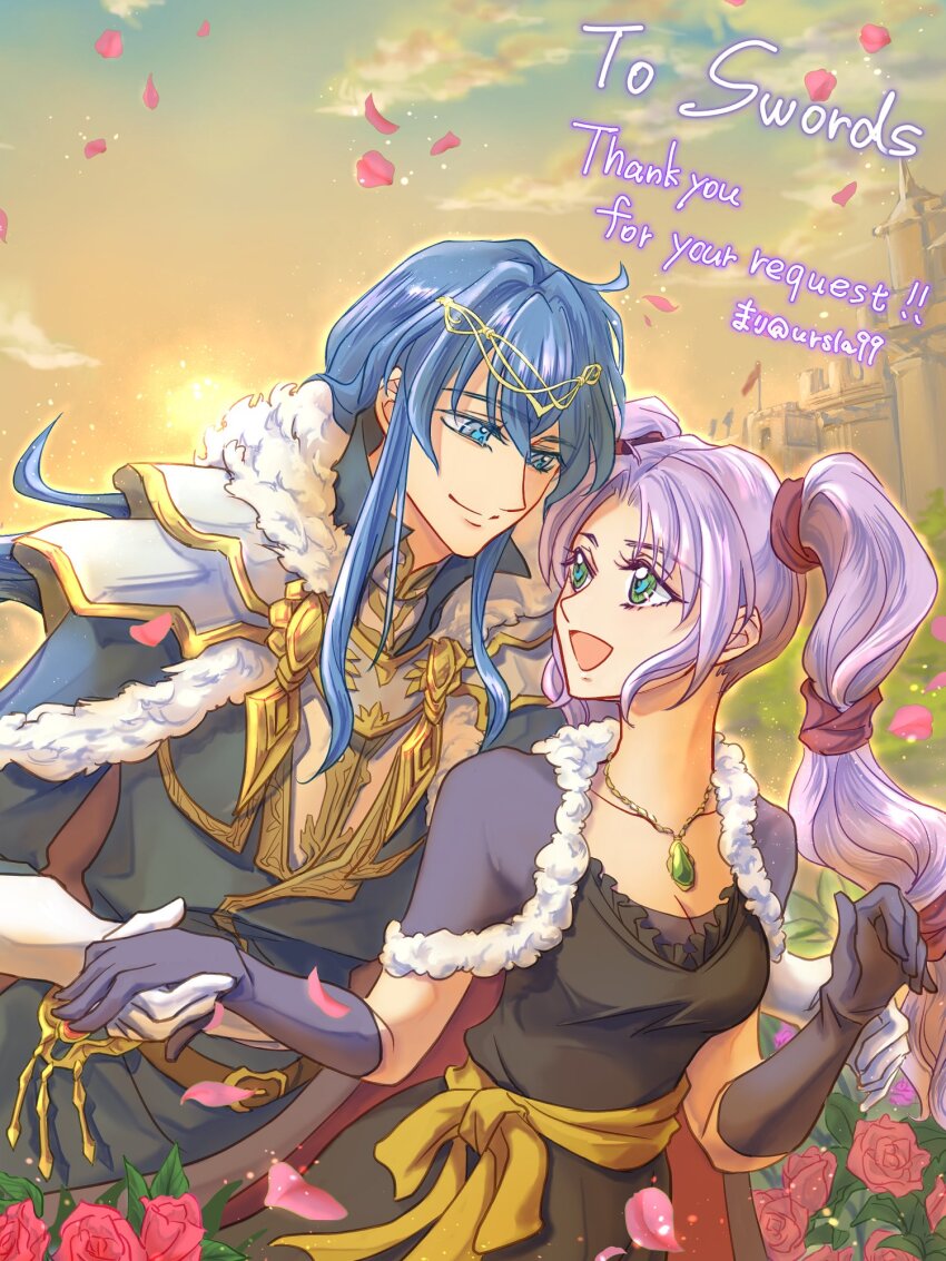 1boy 1girl alternate_costume armor black_dress blue_eyes blue_hair breastplate capelet closed_mouth cloud commentary_request commission commissioner_name couple dress fire_emblem fire_emblem:_genealogy_of_the_holy_war floating_hair flower fur-trimmed_capelet fur_trim gloves green_eyes hair_between_eyes height_difference highres holding_hands jewelry long_hair looking_at_another necklace nintendo open_mouth outdoors pauldrons petals ponytail purple_capelet purple_hair red_flower red_rose rose seliph_(fire_emblem) shoulder_armor sidelocks skeb_commission thank_you tine_(fire_emblem) twintails ursla99 very_long_hair white_gloves