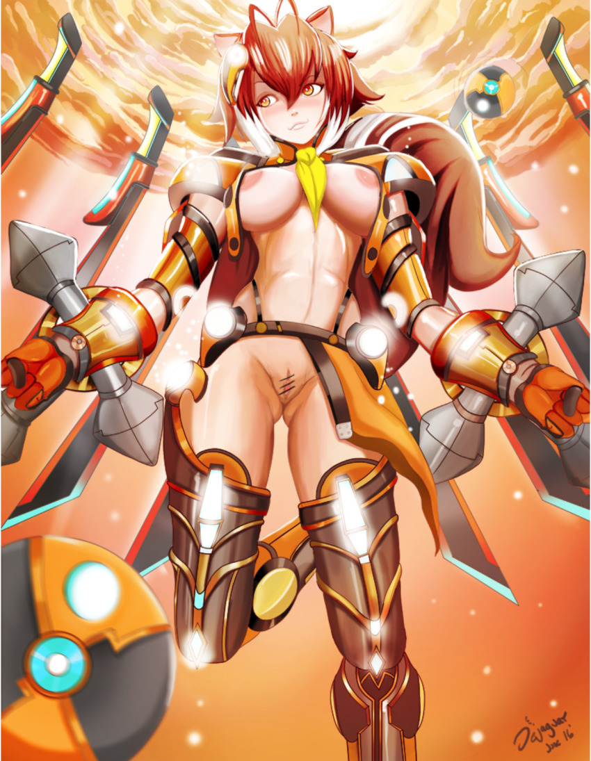 1girl abs animal_ears antenna_hair areola_slip artist_name blazblue blush breasts brown_eyes brown_hair cosplay crop_top dual_wielding female_focus fingerless_gloves floating gloves glowing highleg highres holding jellcaps large_areolae large_breasts makoto_nanaya monster_girl mu-12 mu-12_(cosplay) multicolored_hair muscular muscular_female pussy revealing_clothes short_hair smile solo squirrel_ears squirrel_tail sword tail tonfa two-tone_hair underboob underwear weapon