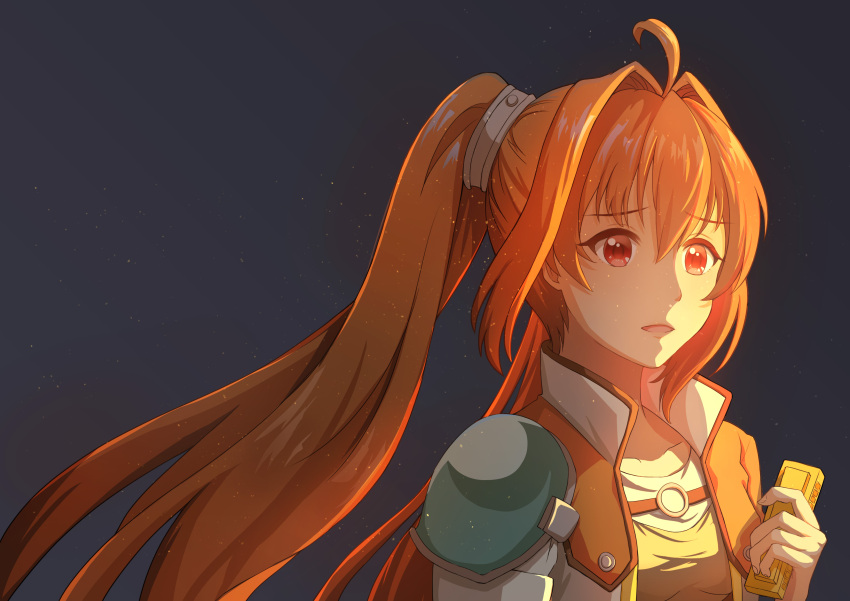 1girl absurdres ahoge black_background chinese_commentary commentary_request eiyuu_densetsu estelle_bright furrowed_brow hair_between_eyes harmonica highres holding holding_instrument instrument long_hair open_mouth orange_hair red_eyes single_shoulder_pad smile solo sora_no_kiseki twintails upper_body w386050978