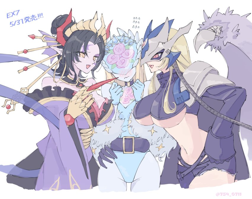 3girls beelstarmon beelstarmon_x-antibody belt blue_helmet breasts cendrillmon demon demon_girl digimon digimon_(creature) fallen_angel helmet highres lilithmon lilithmon_x-antibody long_hair mark_of_evil mask multiple_girls off_shoulder print_helmet third_eye underboob wings