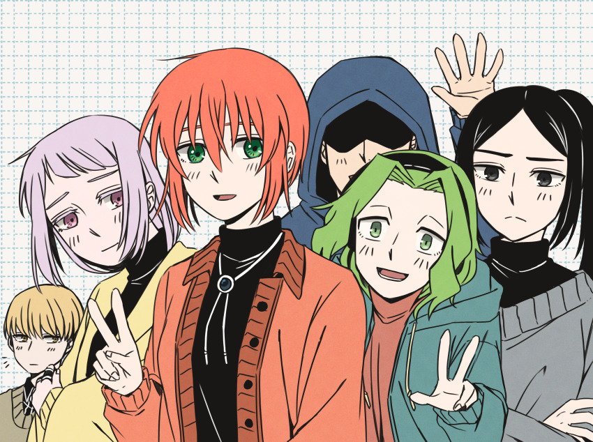 3boys 3girls :d absurdres black_eyes black_sweater blonde_hair bolo_tie closed_mouth crossed_arms delfuze green_eyes green_hair green_jacket hatori_chise headphones highres hood hood_down hood_up hooded_jacket isaac_fowler jacket looking_at_viewer lucy_webster mahou_tsukai_no_yome multiple_boys multiple_girls notice_lines open_clothes open_jacket open_mouth orange_hair orange_jacket philomela_sargant ponytail purple_eyes purple_hair rian_scrimgeour smile sweater v waving yellow_jacket zoe_ivey