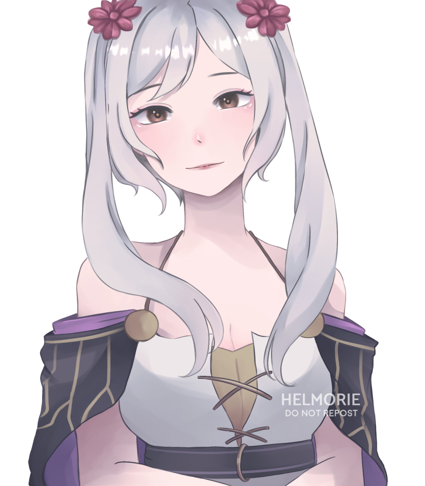 1girl absurdres arms_under_breasts artist_name bare_arms bare_shoulders breasts brown_eyes capelet cleavage dress eyelashes facing_viewer female_focus female_robin_(fire_emblem) female_robin_(valentine)_(fire_emblem) fire_emblem fire_emblem_awakening fire_emblem_heroes flower hair_flower hair_ornament halterneck head_tilt highres light_smile lips long_dress long_hair looking_at_viewer medium_breasts neck nintendo official_alternate_costume rope_belt sidelocks sleeveless sleeveless_dress spaghetti_strap standing swept_bangs twintails upper_body white_background white_hair