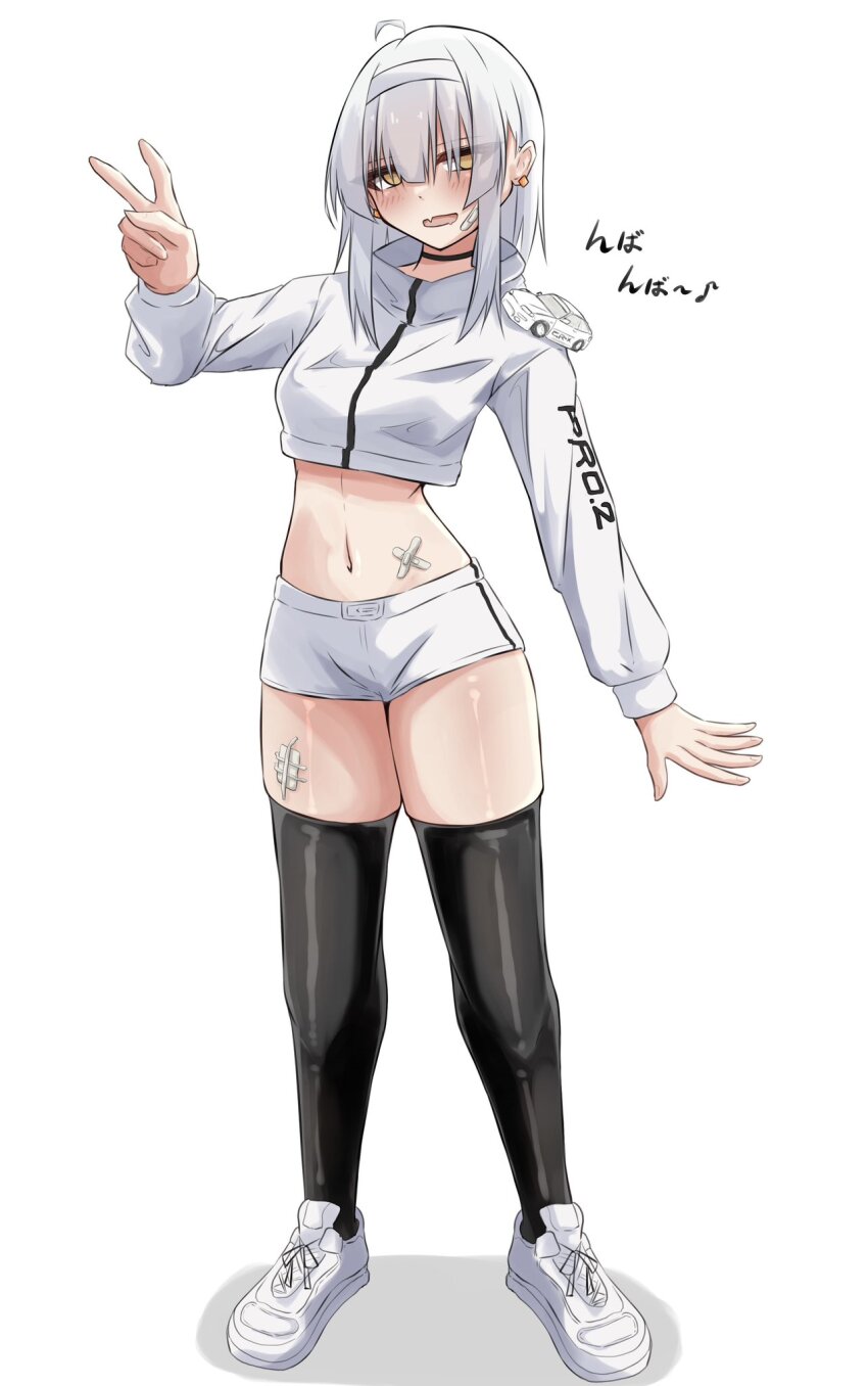 1girl bandaid_on_stomach black_choker black_thighhighs choker commentary cowlick crop_top cropped_jacket earrings fang hairband highres honda honda_cr-x jacket jewelry medium_hair musical_note no_pupils open_mouth original personification shoes short_shorts shorts simple_background skin_fang skindentation sneakers solo symbol-only_commentary thighhighs toy_car v vehicle_and_personification white_hair white_hairband white_jacket white_shoes white_shorts yatsuhashi_(eguri893) yellow_eyes