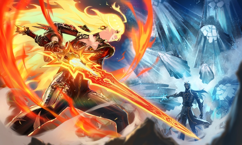 1boy 1girl a_thousand_blazing_suns_(genshin_impact) ahoge biker_clothes bikesuit black_bodysuit black_gloves black_helmet bodysuit breasts capitano_(genshin_impact) claymore_(mine) cleavage commentary_request explosive faceless faceless_male fiery_hair fighting_stance genshin_impact gloves helmet highres holding holding_sword holding_weapon huge_ahoge ice large_breasts mavuika_(genshin_impact) mine_(weapon) orange_eyes orange_hair spiked_helmet sword waist_cape weapon zonotaida