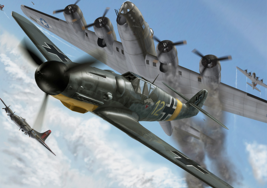 3d aerial_battle aircraft airplane b-17 battle bf_109 bomber contrail damaged day flying gun messer military military_vehicle no_humans propeller_fighter sky smoke smoking vehicle_focus weapon world_war_ii