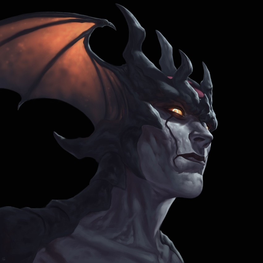 1boy absurdres adrian4rt black_background black_lips c_m_m collarbone colored_skin demon_boy devilman devilman_(character) glowing glowing_eye grey_skin head_wings highres looking_down male_focus portrait simple_background solo wings yellow_eyes