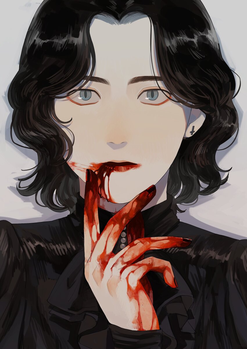 1boy absurdres black_hair blood blood_from_mouth blood_on_face blood_on_hands blue_eyes commentary_request curly_hair earrings expressionless highres inverted_cross_earrings jewelry male_focus melancholy_red nakano_kaworu original portrait slit_pupils solo