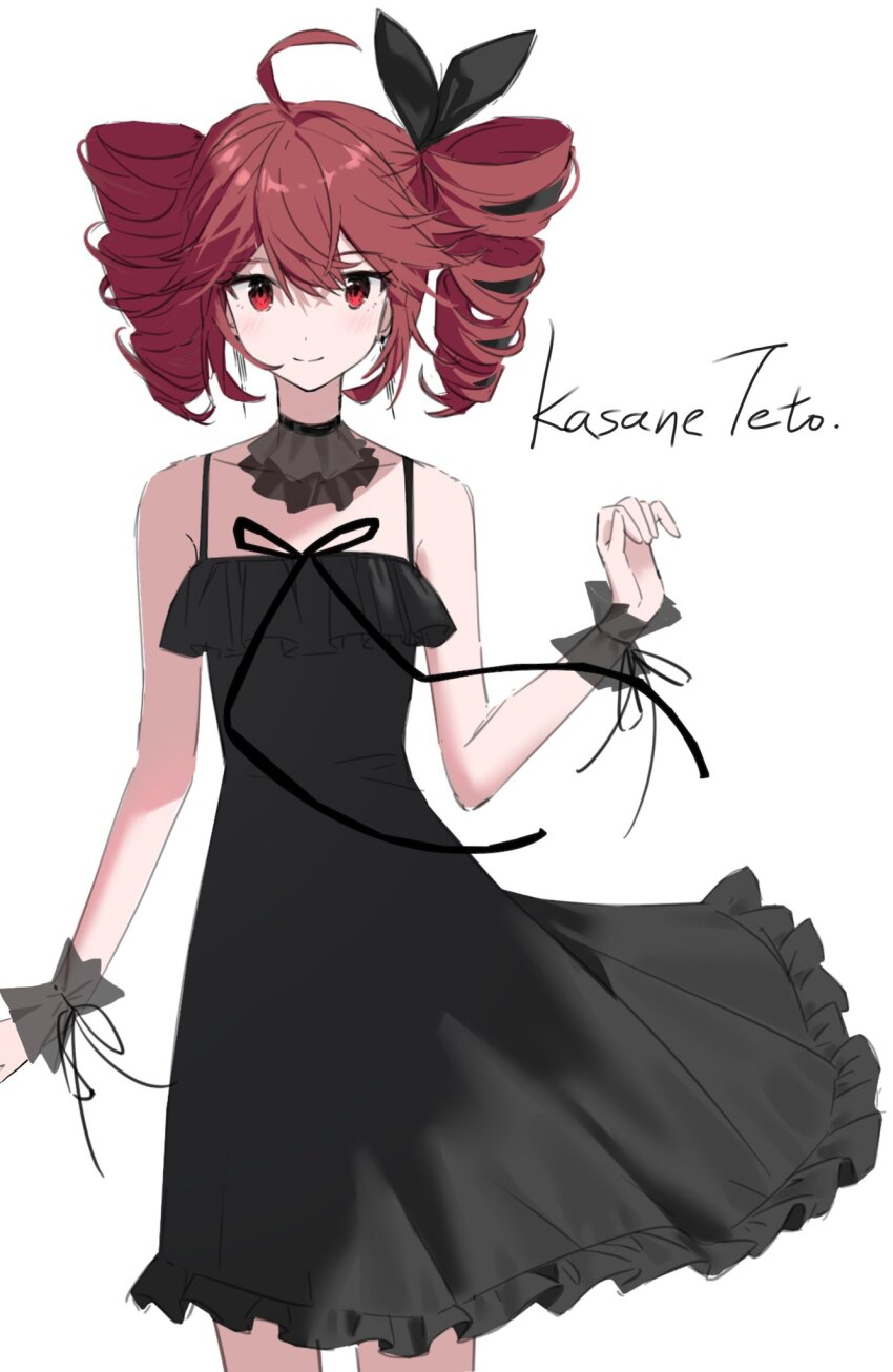 ahoge alternate_costume arm_at_side armpit_crease ascot bare_shoulders black_ascot black_bow black_dress black_ribbon black_wrist_cuffs blush bow character_name double-parted_bangs dress flat_chest frilled_dress frills hand_up highres kasane_teto kasane_teto_(sv) long_dress looking_at_viewer madoka066 red_eyes red_hair ribbon simple_background sleeveless sleeveless_dress smile spaghetti_strap straight-on synthesizer_v utau white_background wrist_cuffs
