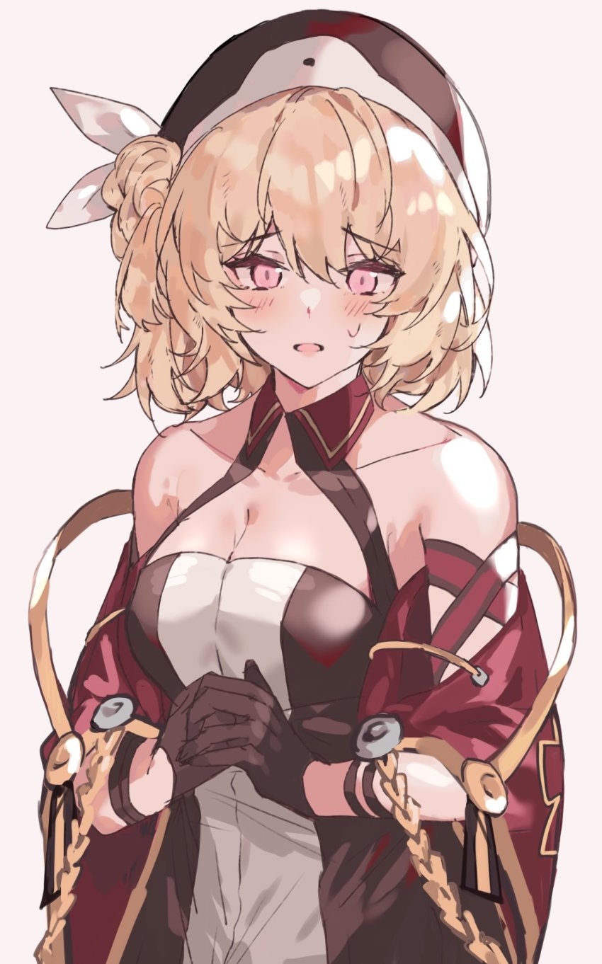 1girl aogisa azur_lane bad_id bad_twitter_id bare_shoulders beret black_gloves blonde_hair blush breasts cleavage collarbone dress gloves hair_ornament hair_ribbon hand_on_hand hat highres holding_hands leipzig_(azur_lane) leipzig_(retrofit)_(azur_lane) looking_at_viewer medium_breasts medium_hair open_mouth purple_eyes retrofit_(azur_lane) ribbon single_bang solo sweatdrop white_background white_ribbon
