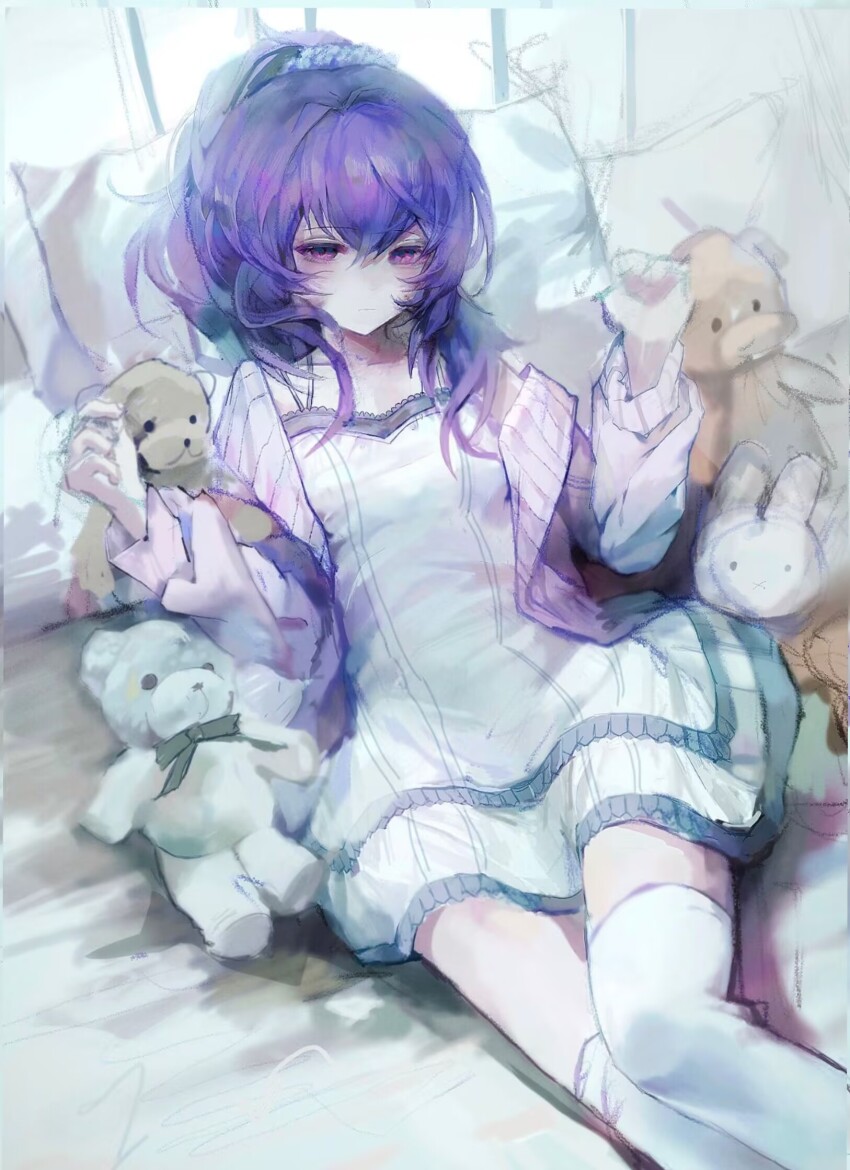 1girl 3n_(artist) asahina_mafuyu closed_mouth expressionless highres jacket long_hair looking_at_viewer pillow project_sekai purple_eyes purple_hair reclining solo stuffed_animal stuffed_rabbit stuffed_toy teddy_bear thighhighs white_thighhighs
