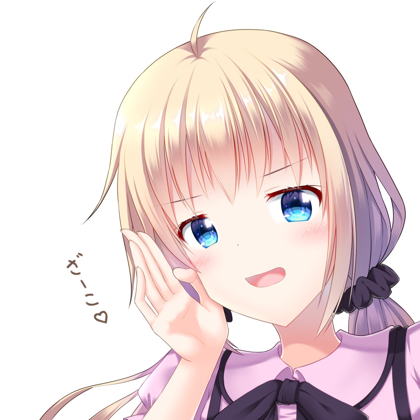 1girl absurdres ahoge black_scrunchie blonde_hair blue_eyes blush commentary dot_nose getsuyoshi hair_ornament hair_scrunchie hand_up highres itsumura_haruka long_hair looking_at_viewer low_twintails mesugaki open_mouth out_of_character pink_shirt portrait re:stage! scrunchie shirt simple_background smile solo translated twintails white_background zako_(phrase)
