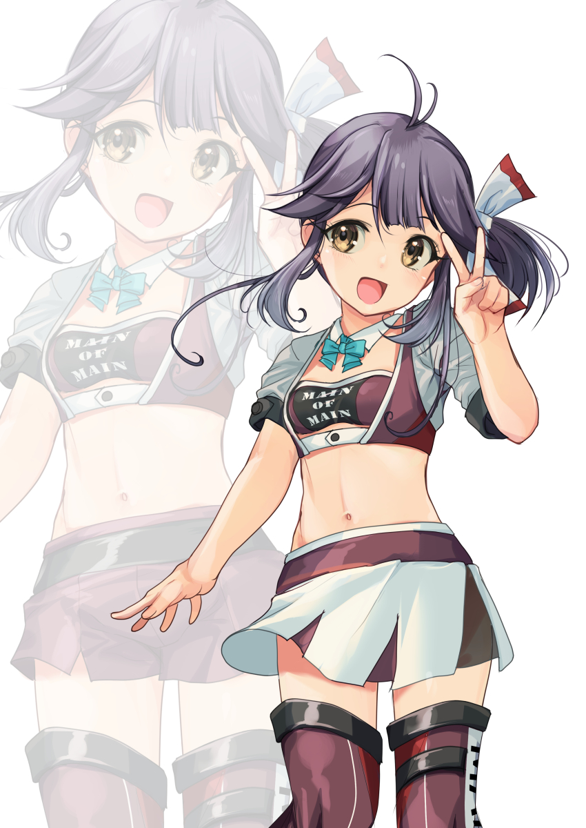 1girl absurdres ahoge aqua_bow aqua_bowtie bandeau black_hair bow bowtie clothes_writing contrapposto cowboy_shot cropped_jacket detached_collar hair_ribbon hayanami_(kancolle) highres jacket kantai_collection medium_hair midriff mole mole_on_neck multiple_views navel one_eye_closed pleated_skirt purple_bandeau purple_shorts purple_thighhighs race_queen ribbon shorts side_ponytail skirt standing thighhighs v white_background white_jacket white_ribbon white_skirt yashin_(yasinz) yellow_eyes zoom_layer