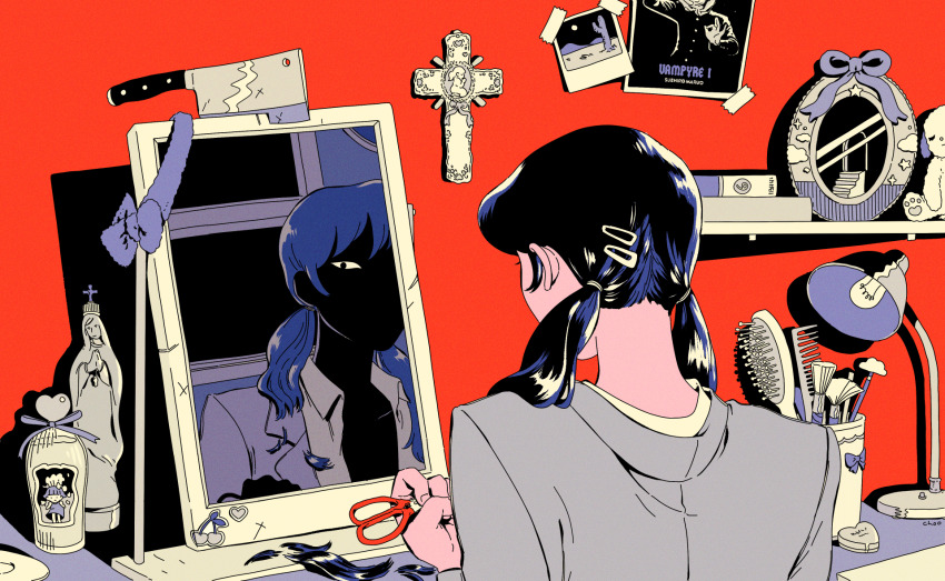 1girl black_eyes black_hair black_sky blue_hair book choo christianity cleaver collared_shirt comb commentary cross cutting_hair desert desk desk_lamp doorway eyed_silhouette from_behind grey_jacket hair_brush hair_ornament hairclip high_contrast highres holding holding_scissors indoors jacket knife lamp limited_palette looking_at_viewer low_twintails makeup_brush mirror night open_clothes open_shirt original polaroid_photo poster_(object) red_background red_theme scissors shelf shirt silhouette sitting sky solo stairs stuffed_animal stuffed_toy symbol-only_commentary twintails white_shirt window