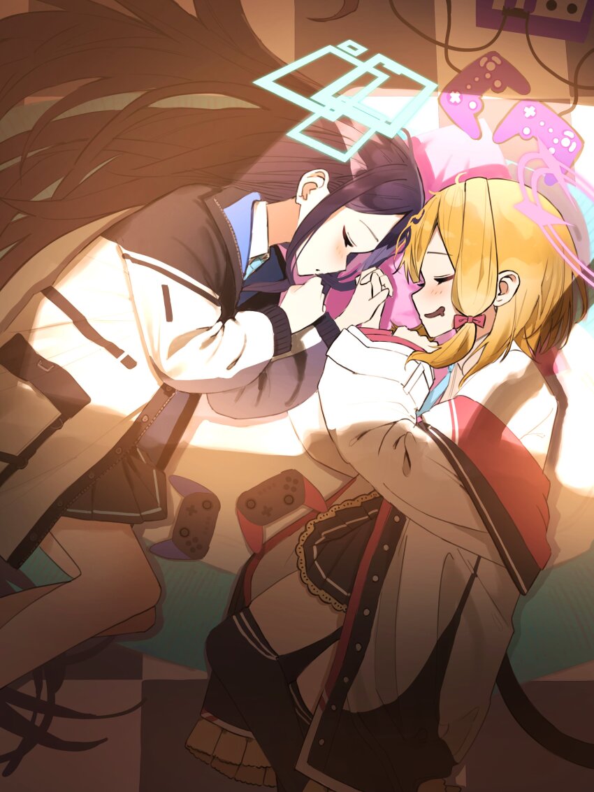2girls absurdly_long_hair absurdres aqua_halo aris_(blue_archive) black_hair blonde_hair blue_archive blue_necktie bow controller game_console game_controller gamecube gamecube_controller green_halo hair_bow halo highres hiyayakko_(jfky2528) jacket long_hair long_sleeves momoi_(blue_archive) multiple_girls necktie nintendo_switch nintendo_switch_pro_controller on_floor rectangular_halo short_hair skirt sleeping thighhighs very_long_hair