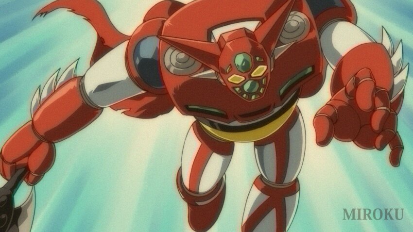 arm_blade armor axe cape fake_screenshot full_body getter-1 getter_robo getter_robo_(classic) hand_up highres holding holding_axe ishikawa_ken_(style) mecha mecha_focus miroku_(miroku_t) multicolored_armor official_style red_armor red_cape retro_artstyle robot running solo super_robot weapon white_armor yellow_eyes
