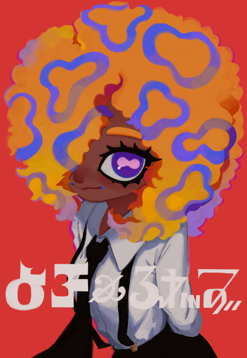 1girl absurdres afro arms_behind_back black_necktie black_pants blue_hair cephalopod_eyes closed_mouth collared_shirt commentary dark-skinned_female dark_skin eyelashes hair_over_one_eye highres horizontal_pupils ka1_(k4k37) looking_at_viewer multicolored_hair necktie nintendo octoling orange_hair pants red_background shirt simple_background solo splatoon_(series) splatoon_3 suspenders symbol-only_commentary tao_blu upper_body white_shirt