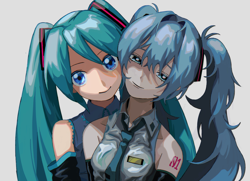 2girls aqua_hair arm_tattoo blue_eyes blue_hair blue_necktie blue_shirt cheek-to-cheek collarbone collared_shirt commentary detached_sleeves dual_persona grey_shirt hair_intakes half-closed_eyes hatsune_miku heads_together highres long_hair looking_at_viewer multiple_girls necktie number_tattoo portrait shirt simple_background sleeveless sleeveless_shirt smile takushi_(taxi739) tattoo twintails vocaloid white_background