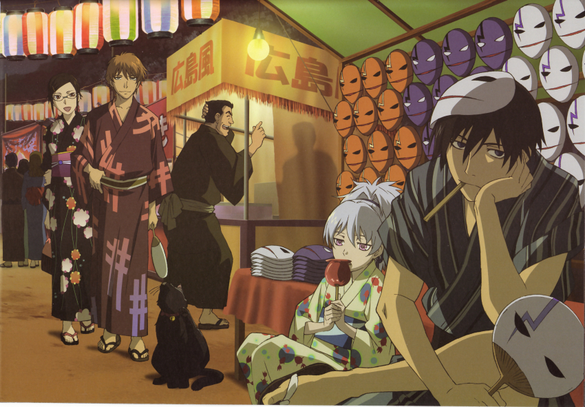 00s 2girls 3boys absurdres black_eyes black_hair brown_eyes cat darker_than_black duplicate glasses grey_hair hei_(darker_than_black) highres japanese_clothes kimono kirihara_misaki kouno_yutaka mask multiple_boys multiple_girls official_art ousaka_hiroshi red_eyes short_hair yin_(darker_than_black)