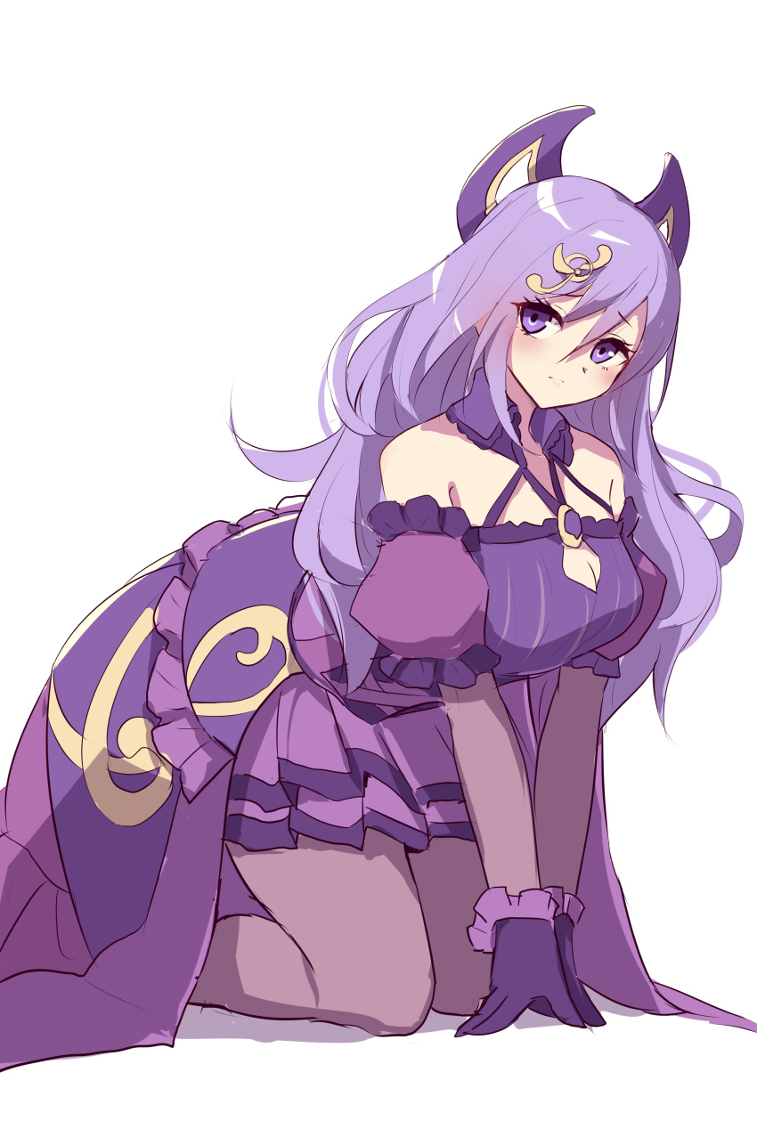 1girl absurdres bare_shoulders blush breasts cleavage cleavage_cutout closed_mouth clothing_cutout collarbone dress duel_monster fortissimo frilled_dress frilled_skirt frills gloves hair_between_eyes hair_ornament highres idol idol_clothes kanzakietc kneeling large_breasts long_hair looking_at_viewer musical_note musical_note_hair_ornament purple_dress purple_eyes purple_gloves purple_hair simple_background skirt solo solsolfachord_gracia white_background yu-gi-oh!