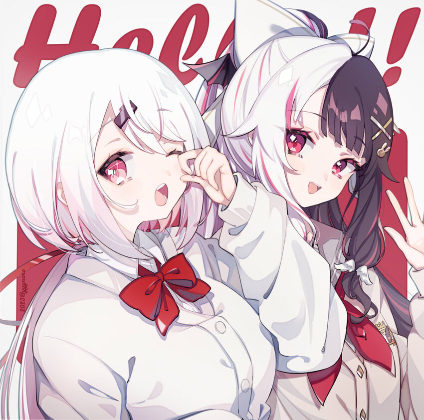 2girls :d black_hair bow breasts brown_cardigan captain_yue cardigan collared_shirt dress_shirt grey_sailor_collar hair_bow hair_ornament hairclip hand_up long_hair long_sleeves looking_at_viewer low_ponytail medium_breasts multicolored_hair multiple_girls neckerchief nijisanji one_eye_closed open_mouth pink_eyes pink_hair ponytail puffy_long_sleeves puffy_sleeves rabbit_hair_ornament red_bow red_eyes red_neckerchief sailor_collar school_uniform serafuku shiina_yuika shiina_yuika_(1st_costume) shirt smile streaked_hair two-tone_hair very_long_hair virtual_youtuber white_bow white_cardigan white_hair white_shirt x_hair_ornament yorumi_rena yorumi_rena_(9th_costume)