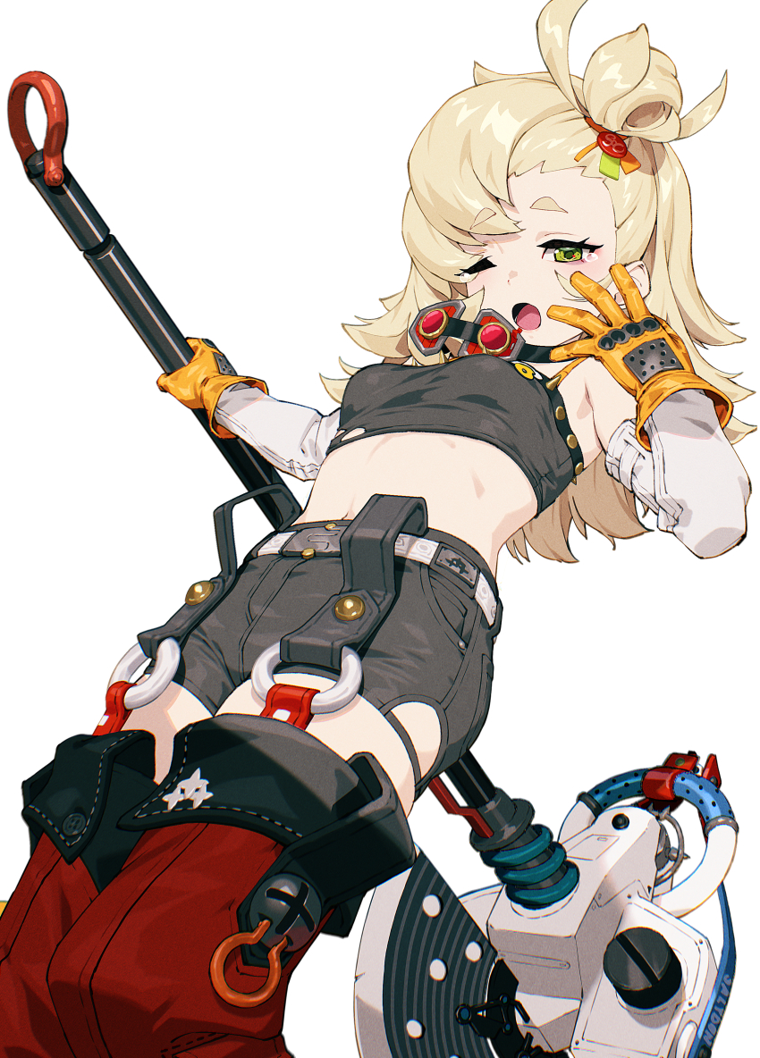 1girl absurdres belt black_shorts blonde_hair breasts chyko gloves goggles goggles_around_neck green_eyes highres holding holding_weapon long_hair looking_at_viewer midriff navel one_eye_closed open_mouth orange_gloves pants piper_wheel red_pants shorts simple_background small_breasts solo tears weapon white_background white_belt yawning zenless_zone_zero