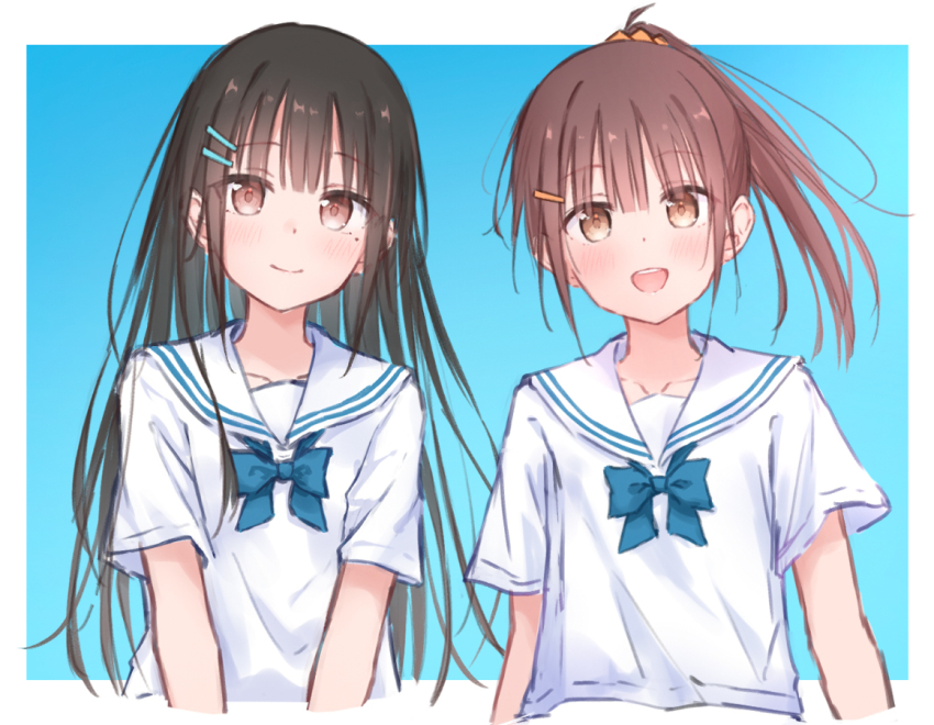 2girls black_hair blue_background blue_bow blue_bowtie blush bow bowtie breasts brown_eyes brown_hair closed_mouth hair_ornament hairclip kutatsu_(kutatsu7) long_hair looking_at_viewer mole mole_under_eye multiple_girls open_mouth original ponytail sailor_collar school_uniform shirt short_sleeves simple_background small_breasts smile upper_body white_sailor_collar yuki_(kutatsu)