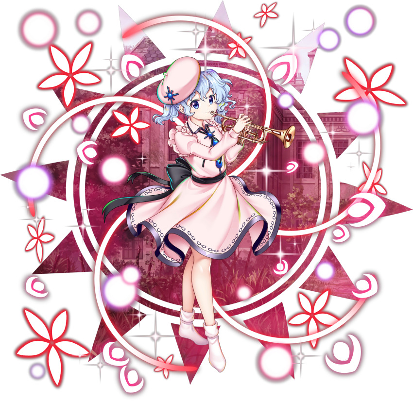 1girl alternate_headwear back_bow beret black_bow blue_eyes blue_hair bow closed_mouth danmaku dress full_body game_cg hat highres holding holding_instrument instrument juliet_sleeves long_sleeves looking_at_viewer merlin_prismriver merlin_prismriver_(scarlet) music official_art pink_dress pink_hat playing_instrument puffy_sleeves rotte_(1109) short_hair socks solo sun_hat_ornament sun_symbol third-party_source touhou touhou_lostword transparent_background trumpet white_socks