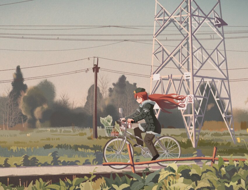 1girl alternate_costume bicycle bicycle_basket brown_pants chenwei_jun chinese_commentary commentary contemporary food green_hat green_jacket hat hat_ornament highres hong_meiling jacket long_hair long_sleeves outdoors pants power_lines red_hair riding riding_bicycle shoes solo star_(symbol) star_hat_ornament touhou transmission_tower tree utility_pole vegetable very_long_hair