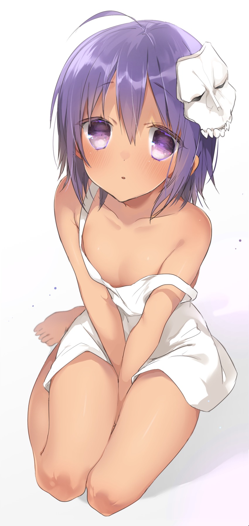 1girl absurdres ahoge assassin_(fate/zero) bare_legs barefoot between_legs blush breasts child_assassin_(fate/zero) cleavage collarbone dark-skinned_female dark_skin dress fate/zero fate_(series) female_focus full_body gradient_background hair_between_eyes hand_between_legs has_bad_revision has_downscaled_revision highres looking_at_viewer mask mask_on_head md5_mismatch purple_eyes purple_hair resolution_mismatch short_hair simple_background sino_(sionori) sitting small_breasts solo source_smaller strap_slip white_dress yokozuwari