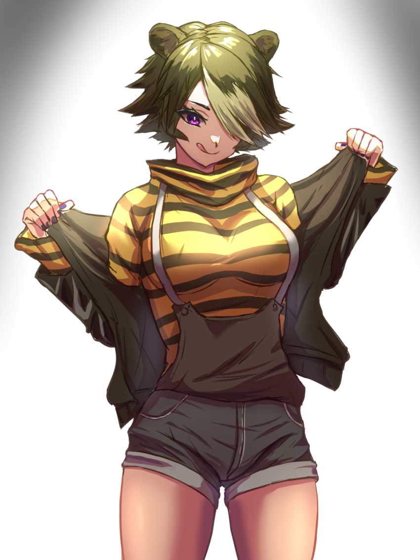1girl animal_ears arknights bear_ears beehunter_(arknights) brown_hair chou_oji hair_over_one_eye highres jacket long_sleeves looking_at_viewer multicolored_hair multiple_girls purple_eyes short_hair shorts simple_background smile solo streaked_hair thighhighs two-tone_hair white_hair