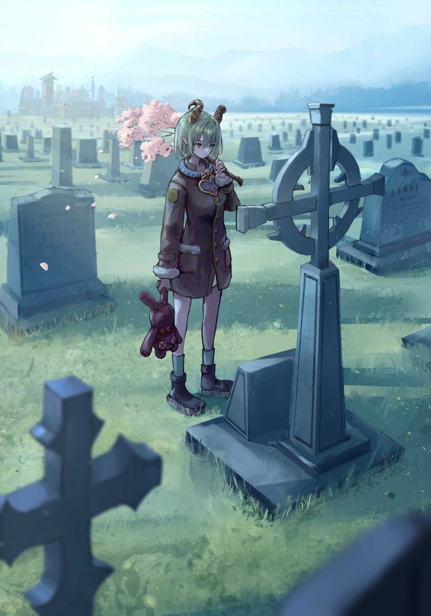 1girl black_boots black_coat blue_eyes blue_socks boots branch brown_horns celtic_cross cherry_blossoms closed_mouth coat commentary_request cross curled_horns demon_girl demon_horns expressionless full_body grass graveyard green_hair heart heart_necklace heterochromia highres holding holding_branch horns jewelry nanashi_inc. necklace outdoors pointy_ears sekishiro_mico sekishiro_mico_(2nd_costume) short_hair skirt socks solo standing stuffed_animal stuffed_toy teddy_bear tombstone virtual_youtuber wasabifu white_skirt yellow_eyes
