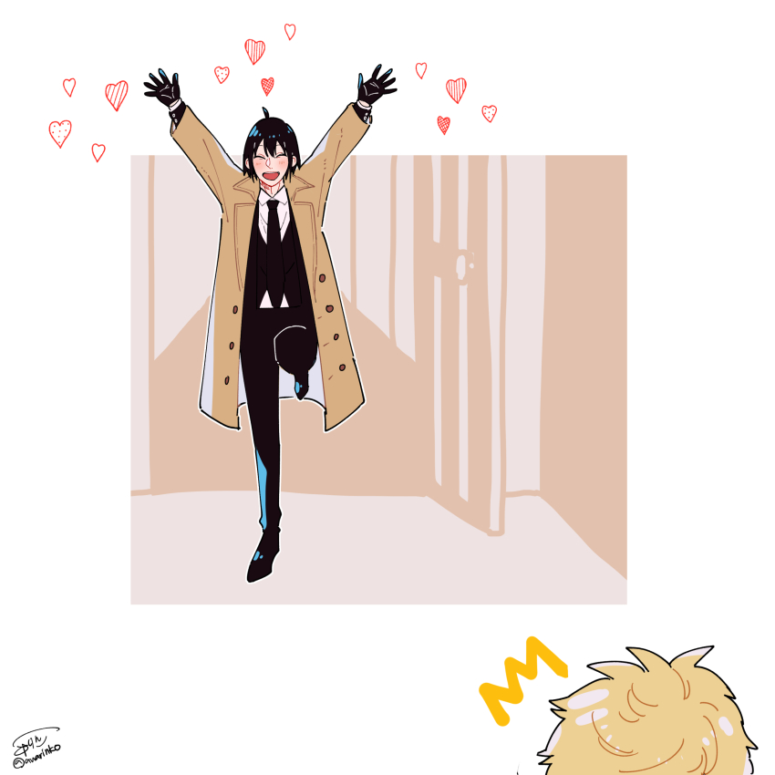 2boys :d ^^^ ^_^ absurdres arms_up awarinko black_gloves black_hair black_jacket black_necktie black_pants black_shoes blonde_hair blush brown_coat closed_eyes coat gloves hair_between_eyes heart highres jacket male_focus multiple_boys necktie open_clothes open_coat open_mouth pants shoes signature smile spy_x_family standing standing_on_one_leg twilight_(spy_x_family) twitter_username white_background yuri_briar