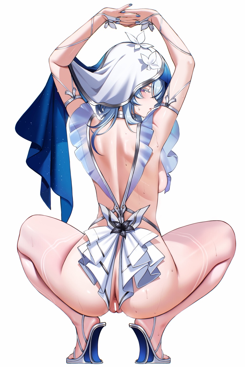 1girl absurdres anus armlet arms_up ass ateoyh back blue_hair blue_nails blue_veil breasts cleft_of_venus closed_mouth commentary fingernails from_behind full_body heel-less_heels highres jewelry long_hair looking_at_viewer looking_back median_furrow medium_breasts nail_polish no_panties paid_reward_available profile purple_eyes pussy pussy_juice revealing_clothes shorekeeper_(wuthering_waves) shoulder_blades sideways_glance simple_background solo squatting sweat thighs two-tone_veil veil white_background white_veil wuthering_waves