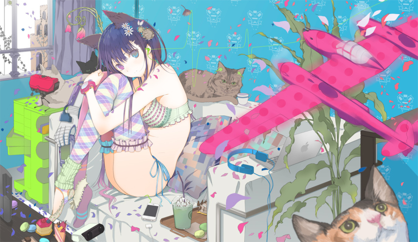 1girl abstract aircraft airplane animal_ears apple_inc. argyle_clothes argyle_thighhighs asymmetrical_legwear bare_shoulders bikini black_cat blue_eyes blue_hair blue_panties bra breasts cake cat cat_ears cellphone cleavage coffee couch cup drinking_straw earbuds earphones family_computer_robot female_focus flower food frilled_bra frilled_thighhighs frills fuyuno_haruaki game_boy_advance game_console green_bra hair_flower hair_ornament hairclip handheld_game_console headphones heterochromia hugging_own_legs ice_cream iphone layered_legwear leg_warmers lingerie long_hair looking_at_viewer macaron macintosh matching_hair/eyes medium_breasts mismatched_legwear original p-38 p-38_lightning panties patterned_legwear petals phone pillow plaid_clothes plaid_legwear power_glove purple_eyes rob side-tie_bikini_bottom side-tie_panties sitting smartphone solo stickam swimsuit teacup thighhighs underwear underwear_only very_long_hair virtual_boy watch yellow_bra