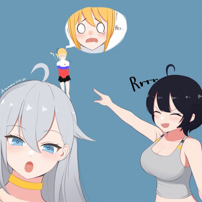 3girls ^_^ ahoge aim-120_amraam aim-9_sidewinder artist_name atamonica black_hair blonde_hair blue_eyes blush choker closed_eyes commentary crying dated english_commentary closed_eyes growling highres looking_at_viewer meme mig-29 multiple_girls o_o original personification pointing scared smile speech_bubble translation_request trembling two_soyjaks_pointing_(meme) white_hair yellow_choker