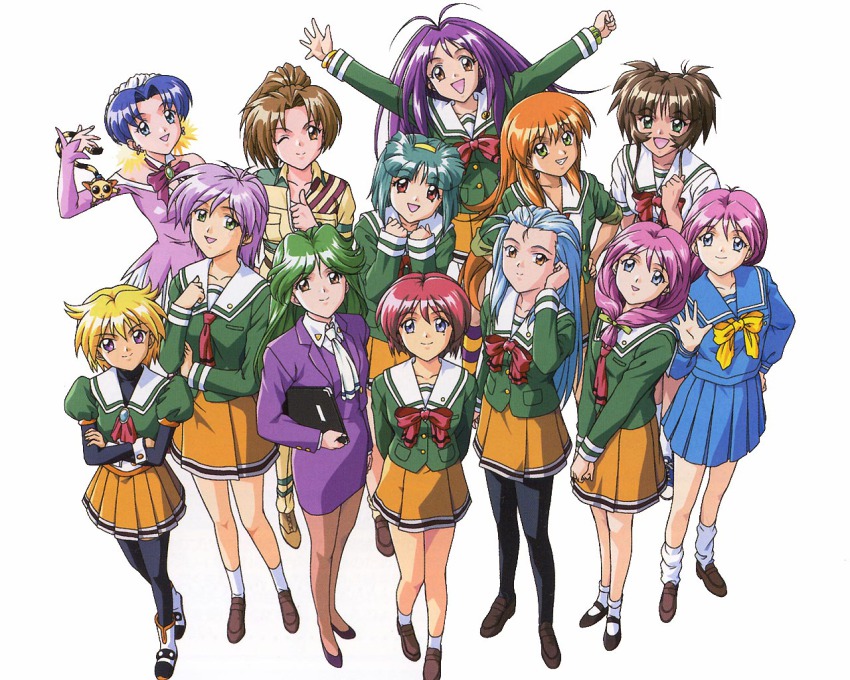 6+girls :d ;) adjusting_hair akai_homura arms_up ascot asou_kasumi black_legwear blue_eyes blue_hair blue_skirt bow brooch brown_eyes brown_hair brown_legwear crossed_arms everyone from_above front_ponytail green_eyes green_hair green_shirt grin hairband hands_on_own_hips hinomoto_hikari ichimonji_akane ijuuin_mei jewelry kokura_masashi konami kotobuki_miyuki kudanshita_maeka loafers long_hair long_sleeves looking_at_viewer loose_socks mary_janes minazuki_kotoko miniskirt mole mole_under_eye multiple_girls nozaki_sumire official_art one_eye_closed open_mouth orange_hair orange_skirt outstretched_arms pantyhose pink_hair pleated_skirt purple_eyes purple_hair red_bow sakura_kaedeko school_uniform shirayuki_maho shirayuki_miho shirt shoes short_hair skirt sleeves_rolled_up smile socks standing tokimeki_memorial tokimeki_memorial_2 v_arms waving white_background white_legwear yae_kaori yellow_bow