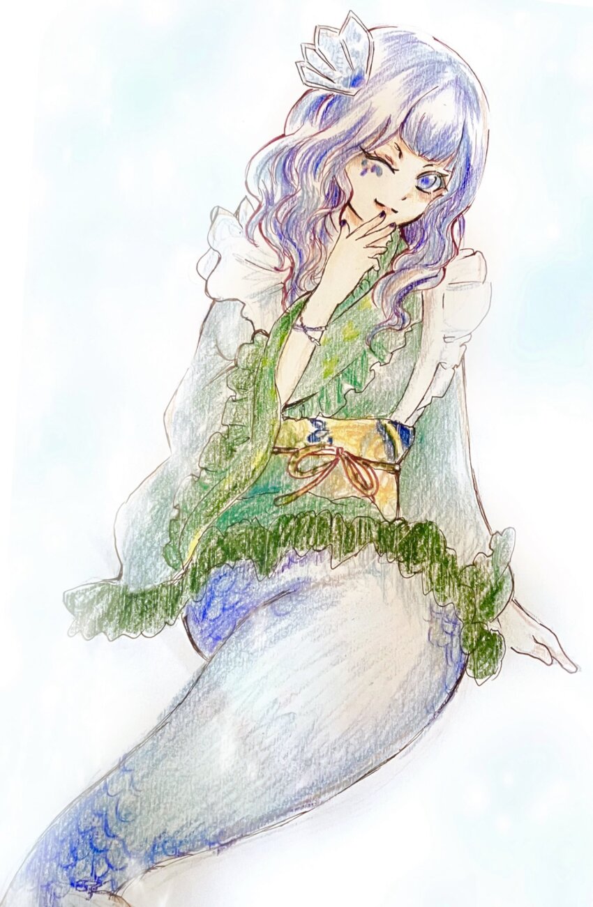1girl alternate_hairstyle blue_eyes blue_hair blue_nails facial_mark fingernails fins frilled_kimono frills green_kimono head_fins highres japanese_clothes kimono kneeless_mermaid long_sleeves mermaid monster_girl nail_polish sahanna sash sitting solo touhou traditional_media wakasagihime wavy_hair wide_sleeves yellow_sash