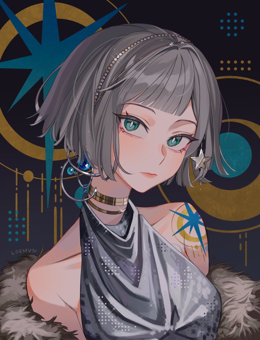 1girl absurdres aqua_eyes artist_name bare_shoulders blunt_bangs blunt_ends circle closed_mouth dark_background earrings feather_boa gold_choker grey_hair grey_tank_top hair_ornament highres jewelry loemyn looking_at_viewer mercuria_(reverse:1999) reverse:1999 short_hair shoulder_tattoo solo sparkle star_(symbol) star_hair_ornament tank_top tattoo upper_body