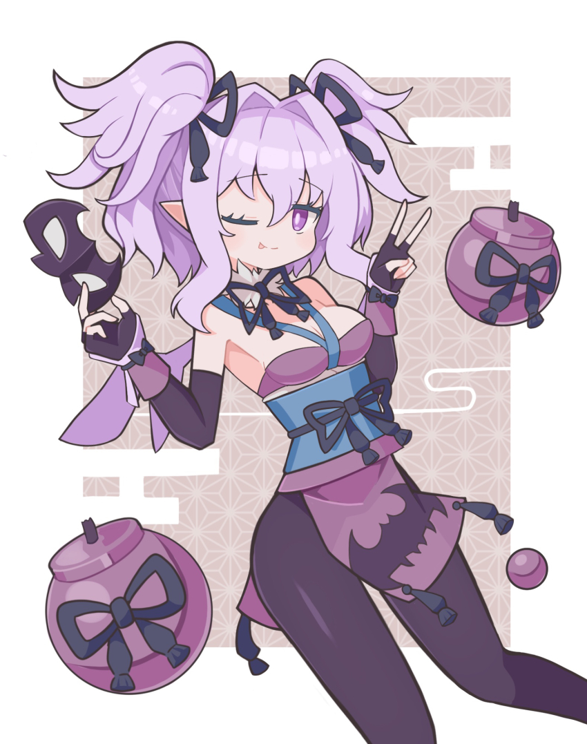 1girl :p animal_print bat_print black_pantyhose black_ribbon blue_sash bomb border breasts brown_background ceefore_(disgaea) cleavage demon_girl disgaea domino_mask elbow_gloves explosive fur_choker gloves hair_between_eyes hair_ribbon halterneck highres holding holding_mask makai_senki_disgaea_7 mask medium_breasts medium_hair ninja obi obiage obijime one_eye_closed open_mouth pantyhose pelvic_curtain pointy_ears purple_eyes purple_hair purple_wings ribbon sash smile solo suaman tongue tongue_out twintails wings