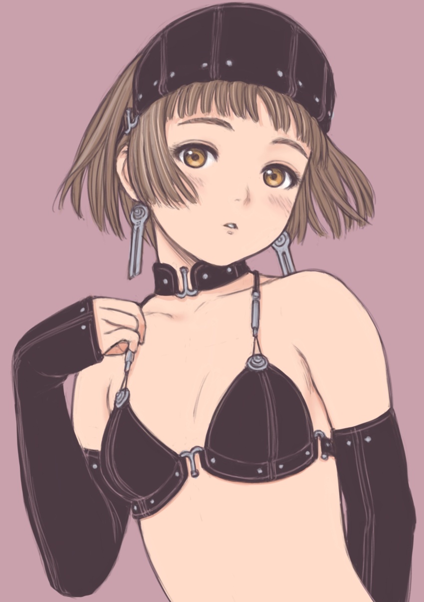 1girl bikini blush borrowed_character breasts brown_eyes brown_hair detached_sleeves earrings headband highres jewelry looking_at_viewer murata_range_(style) original parted_lips short_hair small_breasts solo swimsuit upper_body yug_(ekaki)