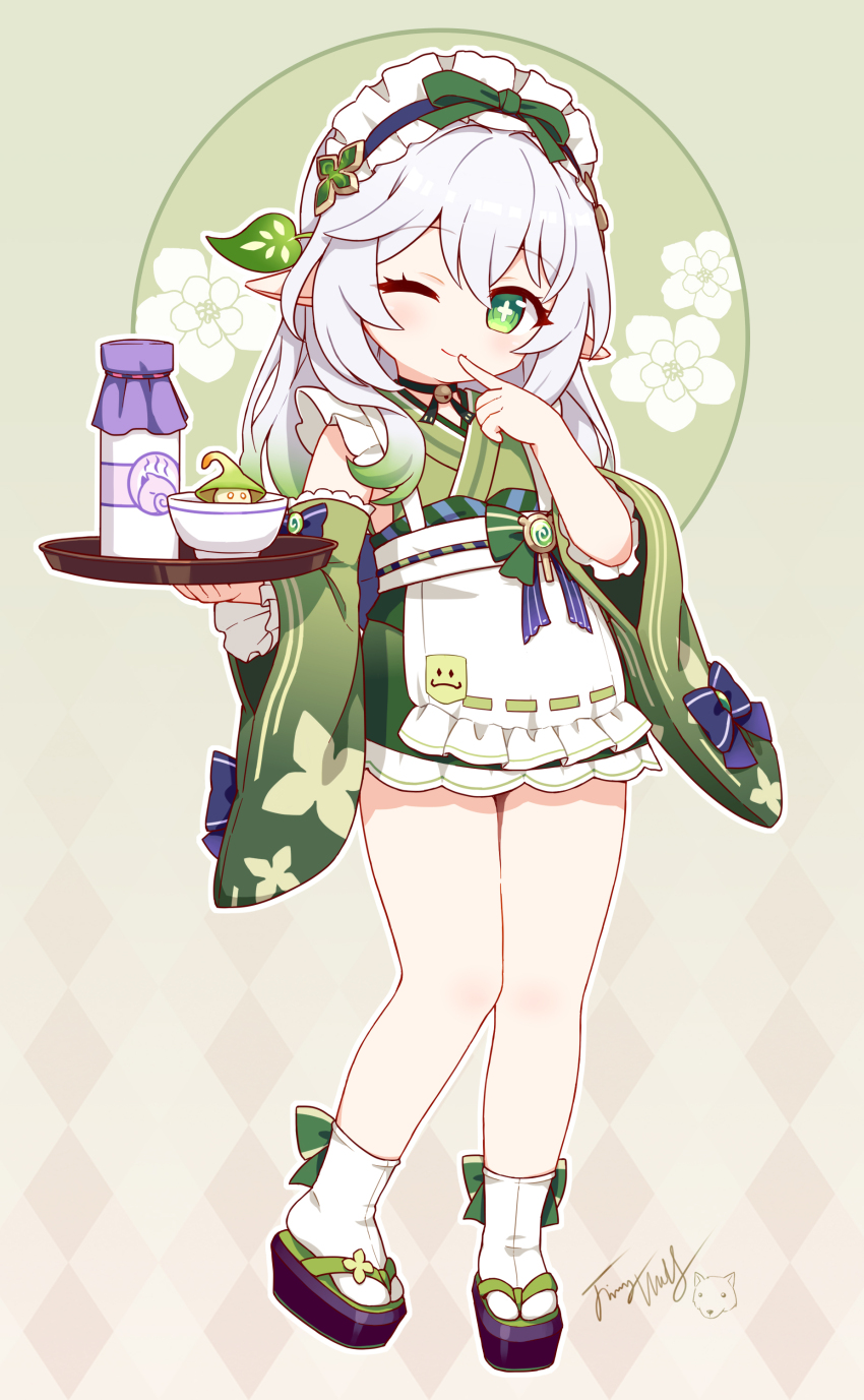 1girl ;) absurdres apron bell bottle bow choker closed_mouth cross-shaped_pupils detached_sleeves dress finger_to_mouth frilled_apron frills full_body genshin_impact gradient_hair green_bow green_dress green_eyes green_hair green_kimono green_sleeves hair_between_eyes hair_ornament highres holding holding_tray japanese_clothes kimono langbazi long_hair long_sleeves looking_at_viewer maid maid_apron maid_headdress multicolored_hair nahida_(genshin_impact) neck_bell obi one_eye_closed pointy_ears sandals sash sidelocks signature smile socks solo standing symbol-shaped_pupils tabi tray wa_maid white_apron white_hair white_socks wide_sleeves zouri