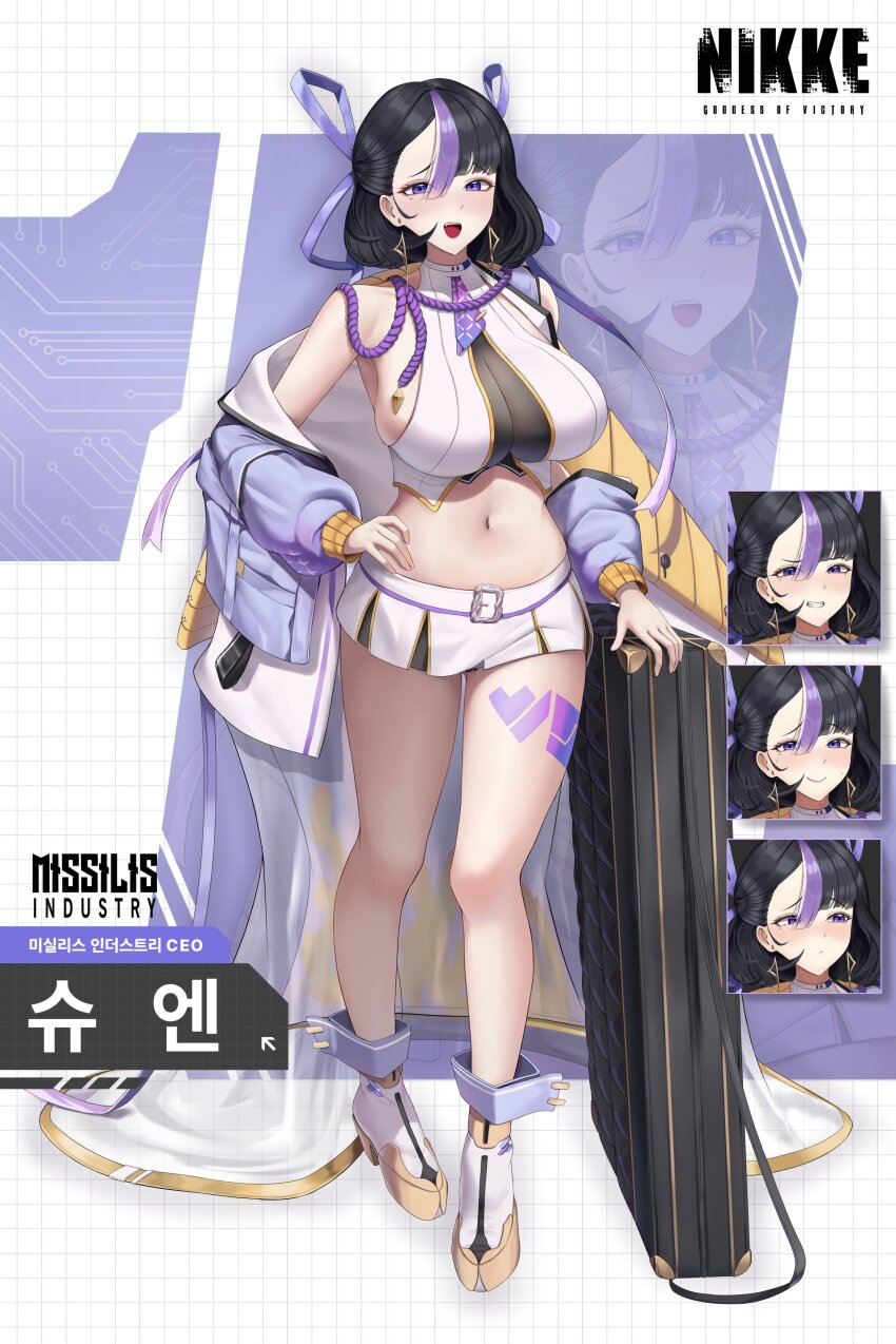 1girl absurdres aged_up alternate_breast_size black_hair blush bodam breasts earrings goddess_of_victory:_nikke hair_ribbon highres jacket jewelry large_breasts looking_at_viewer mole mole_under_eye multicolored_hair navel necktie off_shoulder open_mouth purple_eyes purple_hair purple_jacket purple_necktie purple_ribbon ribbon shirt short_hair short_necktie skirt smile solo streaked_hair syuen_(nikke) triangle_earrings