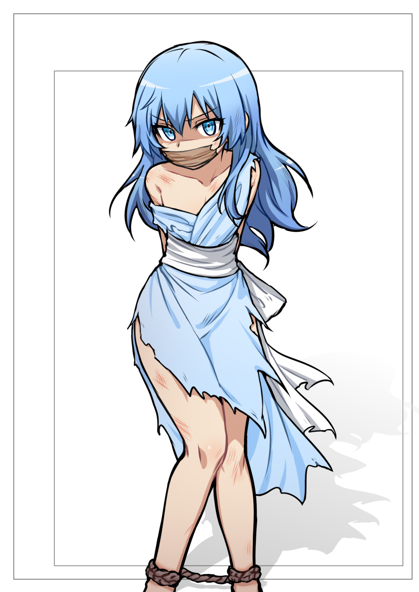 1boy absurdres ansatsu_kyoushitsu arms_behind_back back_bow blue_dress blue_eyes blue_hair bound_ankles bow collarbone commentary_request covered_mouth dress feet_out_of_frame furrowed_brow gag glaring hair_down highres hunched_over improvised_gag kanoshu_baki knees_together_feet_apart light_blue_hair long_hair looking_at_viewer male_focus pectoral_cleavage pectorals sash scratches shaded_face shadow shibari shiota_nagisa side_slit simple_background single_off_shoulder sleeveless sleeveless_dress solo standing tape tape_gag torn_clothes torn_dress v-shaped_eyebrows waist_sash white_background white_sash