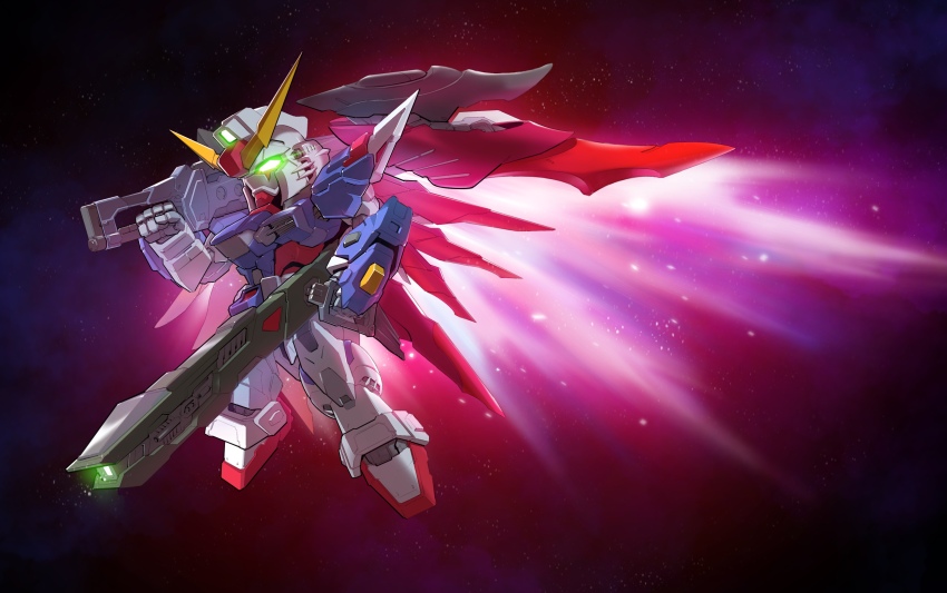 absurdres destiny_gundam energy_sword energy_wings glowing green_eyes gundam gundam_seed gundam_seed_destiny highres holding holding_sword holding_weapon mecha mechanical_wings mobile_suit no_humans robot science_fiction solo sword v-fin weapon wings zakuma